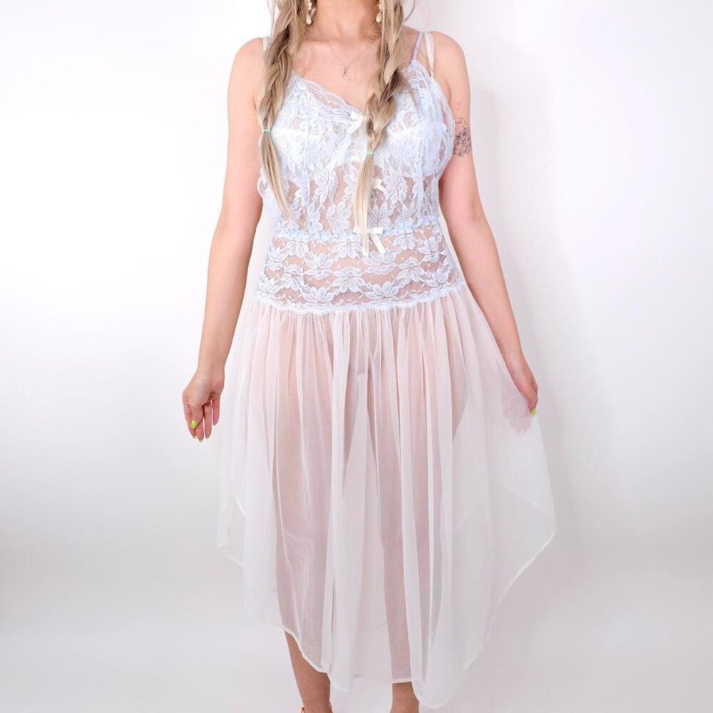 VINTAGE BLUE LACE BACKLESS SLIP DRESS - Picture 5 of 7